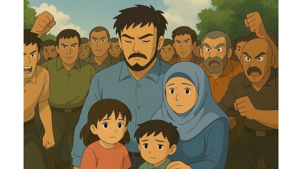A resilient Muslim family stands strong in a once-harmonious town, their quiet courage defying hate and echoing a plea for peace and humanity. Photo: AI generated
