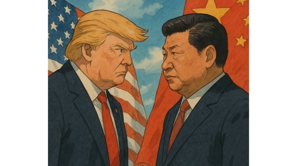 As tariffs rise and tempers flare, two global giants stand locked in a silent storm—each bearing the weight of a world on their shoulders. Photo: AI Generated