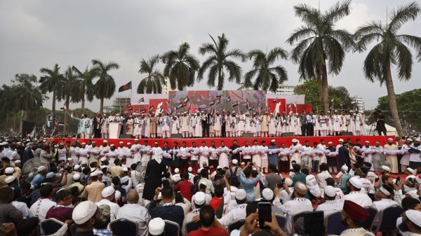 Leaders from multiple political parties, Islamic scholars, and social activists gathered on stage at the "March for Gaza" rally in Dhaka’s Suhrawardy Udyan on Saturday, 12 April 2025, to express their support and solidarity. Photo: TBS